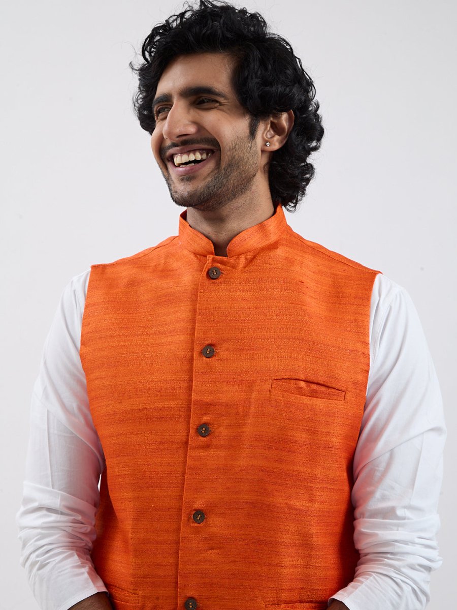 Men's Orange & White Jacket Kurta Pyjama Set - House of Sarvati LLC