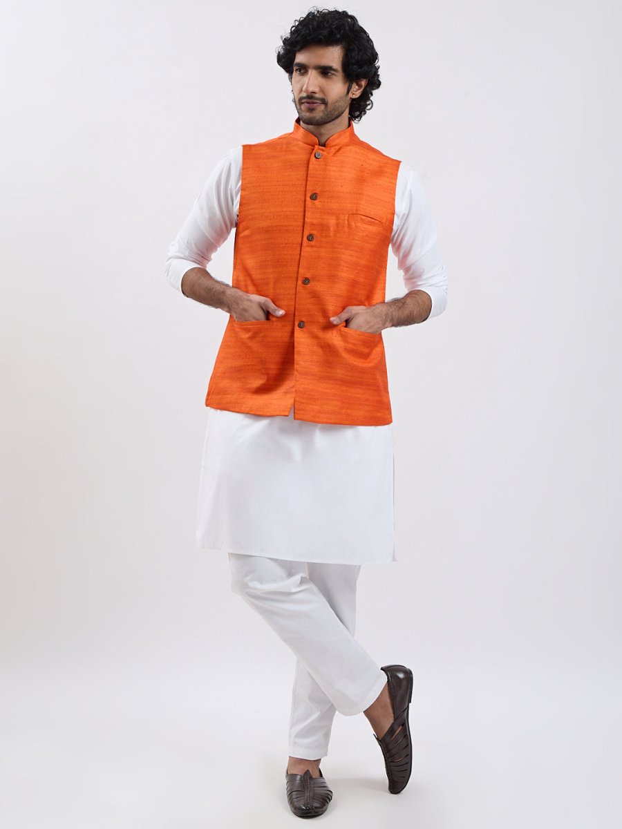 Men's Orange & White Jacket Kurta Pyjama Set - House of Sarvati LLC
