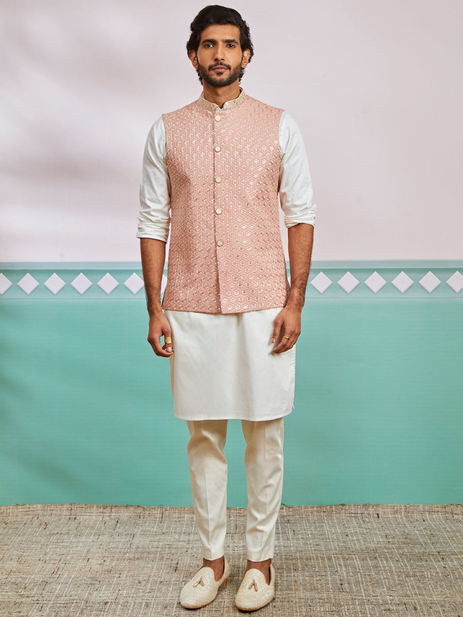 Men's Peach Fine Satin Nehru Jacket,Kurta And Pyjama Set. - House of Sarvati LLC