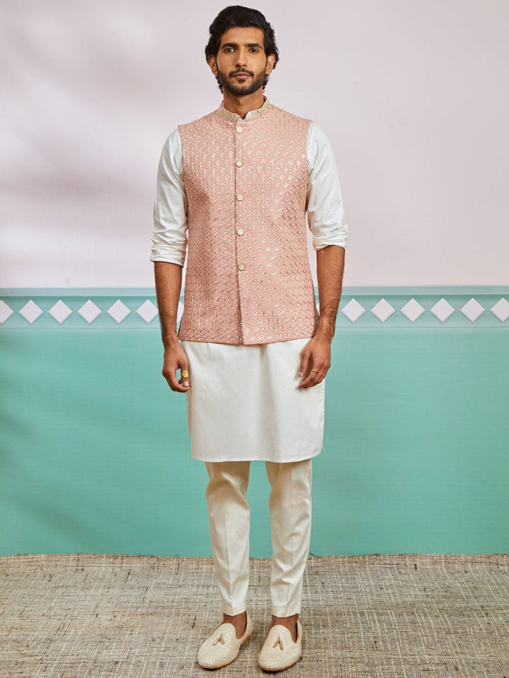 Men's Peach Fine Satin Nehru Jacket,Kurta And Pyjama Set. - House of Sarvati LLC