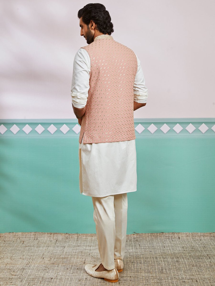 Men's Peach Fine Satin Nehru Jacket,Kurta And Pyjama Set. - House of Sarvati LLC