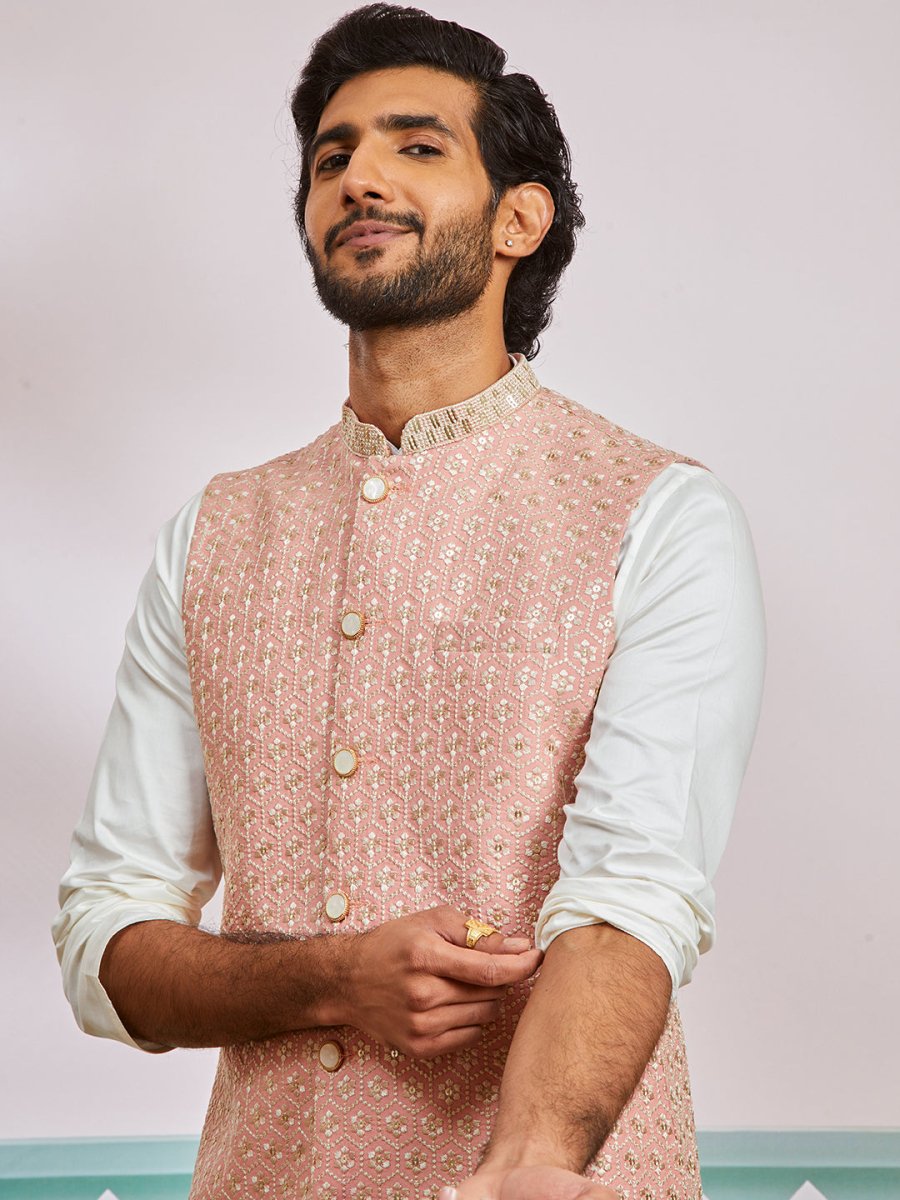 Men's Peach Fine Satin Nehru Jacket,Kurta And Pyjama Set. - House of Sarvati LLC