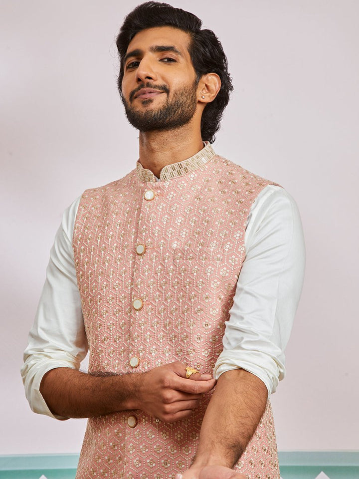 Men's Peach Fine Satin Nehru Jacket,Kurta And Pyjama Set. - House of Sarvati LLC