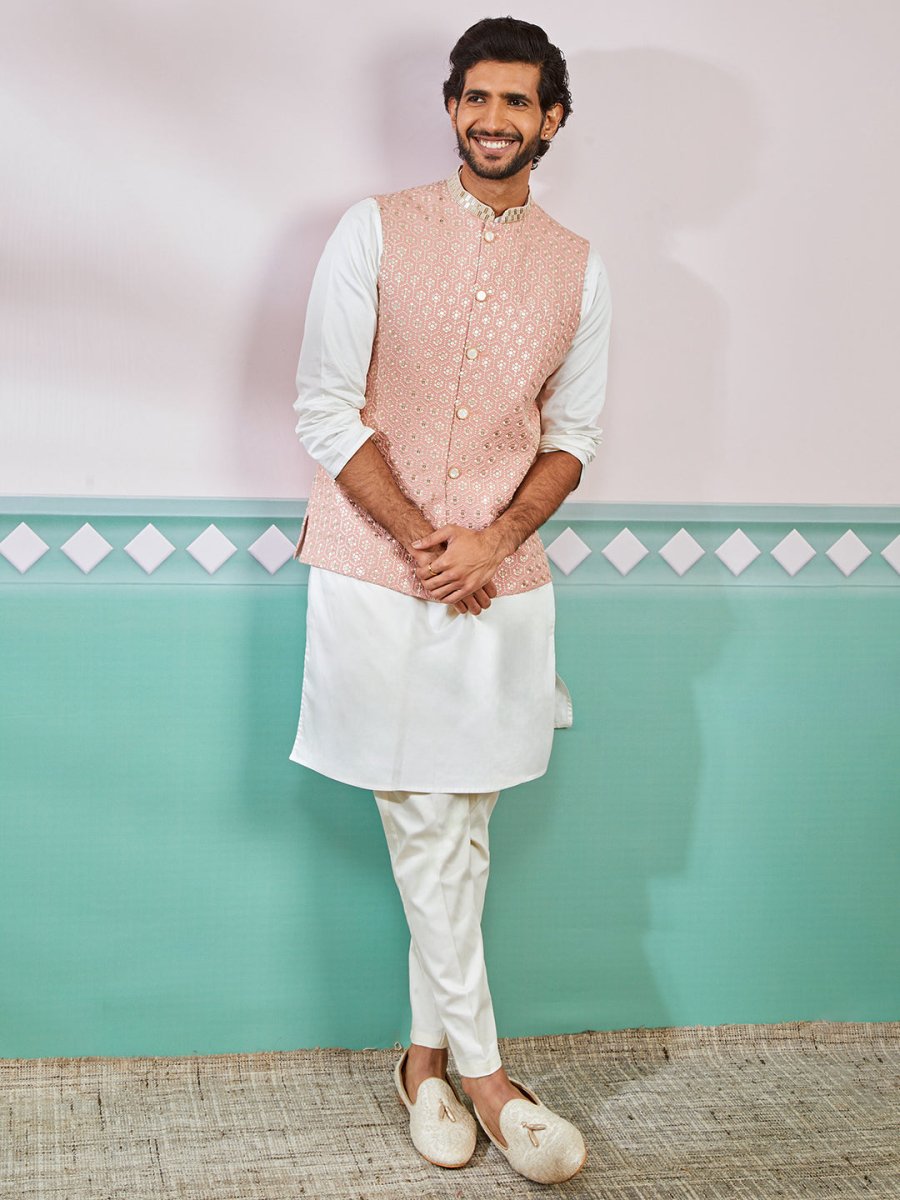Men's Peach Fine Satin Nehru Jacket,Kurta And Pyjama Set. - House of Sarvati LLC