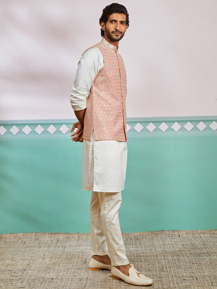 Men's Peach Fine Satin Nehru Jacket,Kurta And Pyjama Set. - House of Sarvati LLC