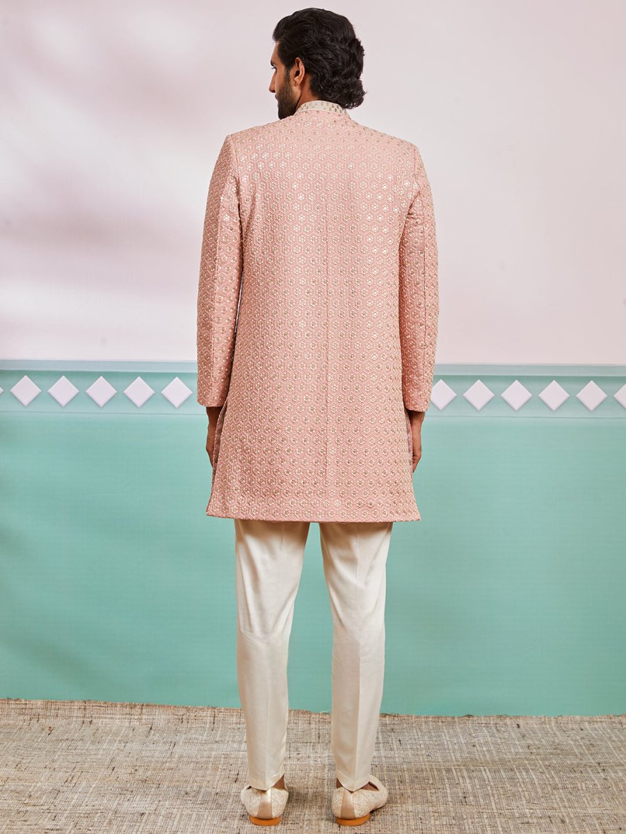 Men's Peach Rayon Sherwani & Pyjama Set - House of Sarvati LLC