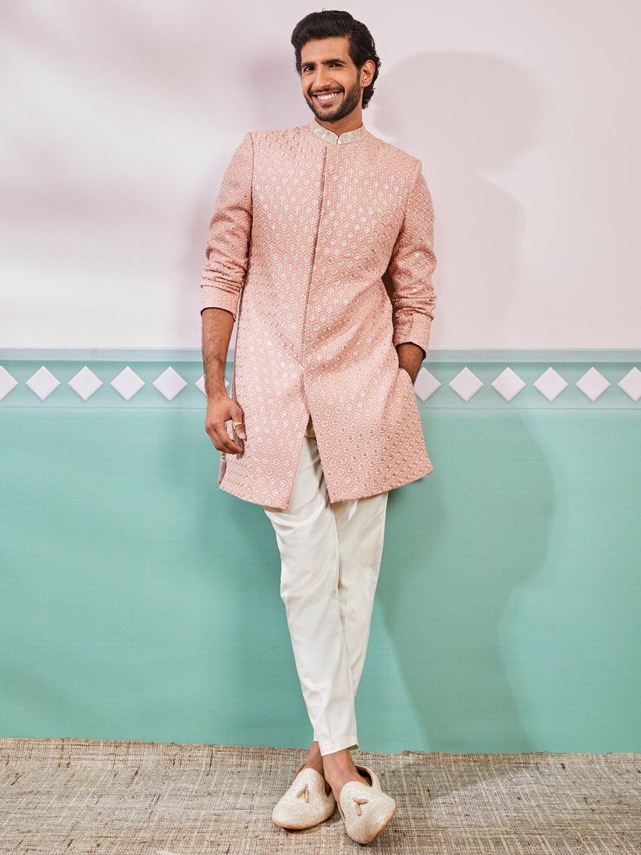 Men's Peach Rayon Sherwani & Pyjama Set - House of Sarvati LLC