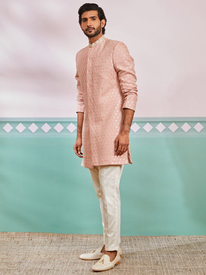 Men's Peach Rayon Sherwani & Pyjama Set - House of Sarvati LLC