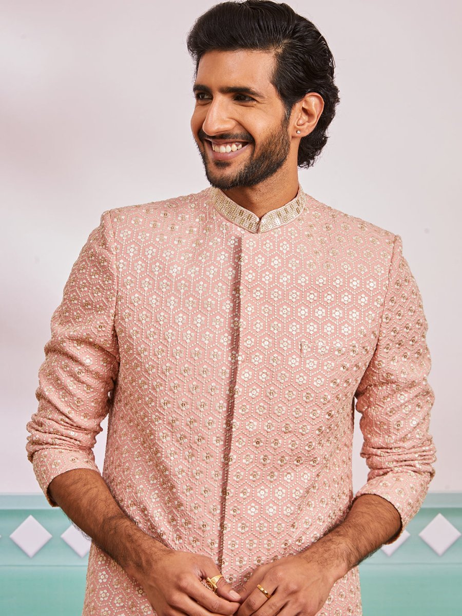 Men's Peach Rayon Sherwani & Pyjama Set - House of Sarvati LLC