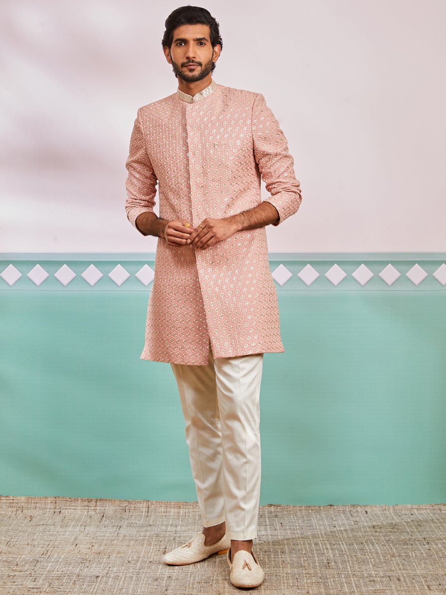 Men's Peach Rayon Sherwani & Pyjama Set - House of Sarvati LLC