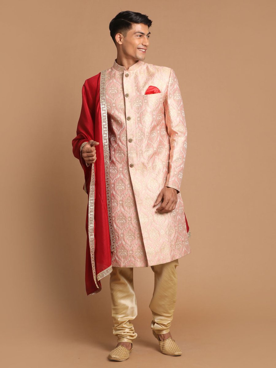 Men's Pink And Gold Silk Blend Sherwani Set With Maroon Dupatta - House of Sarvati LLC