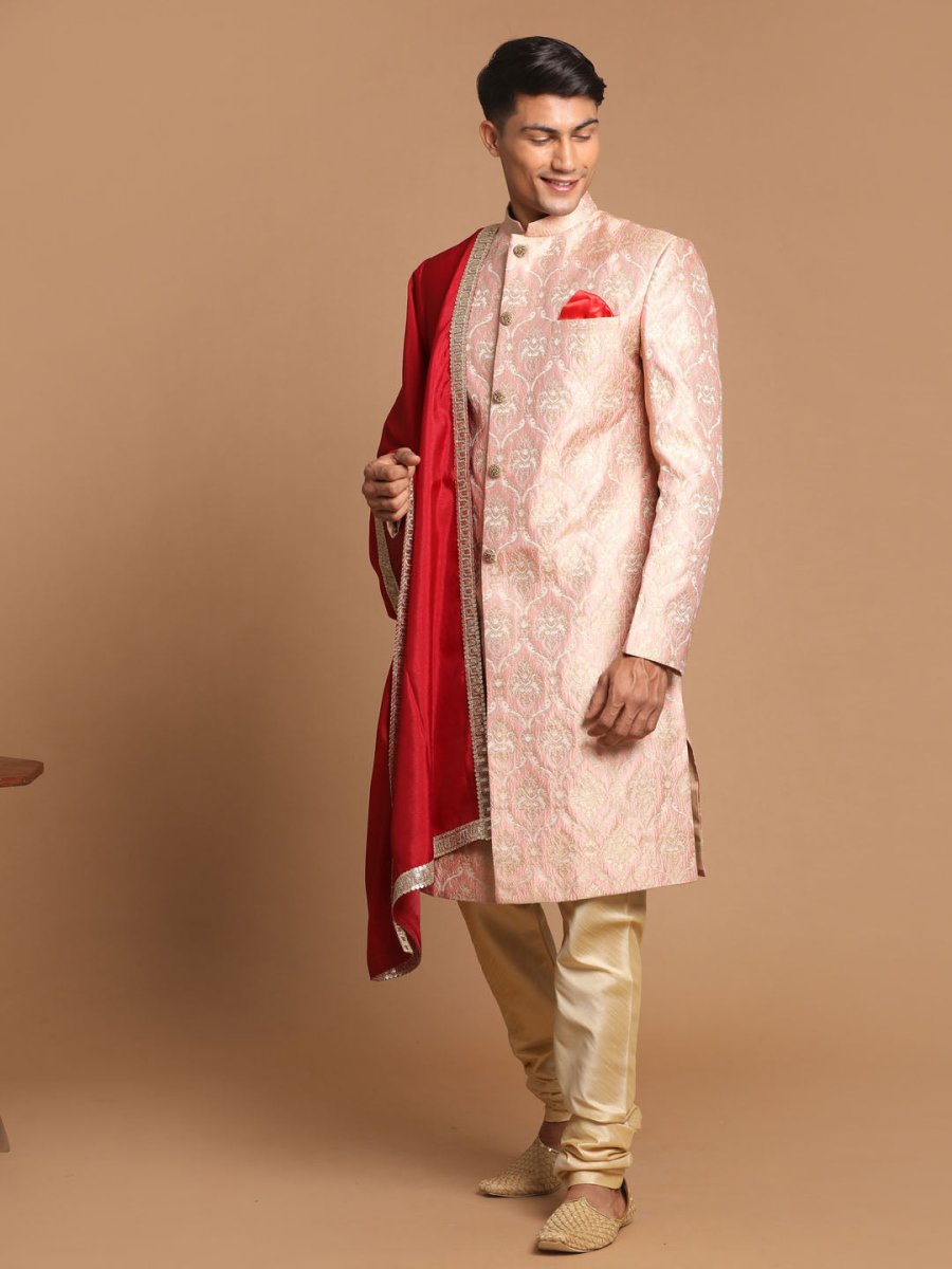 Men's Pink And Gold Silk Blend Sherwani Set With Maroon Dupatta - House of Sarvati LLC