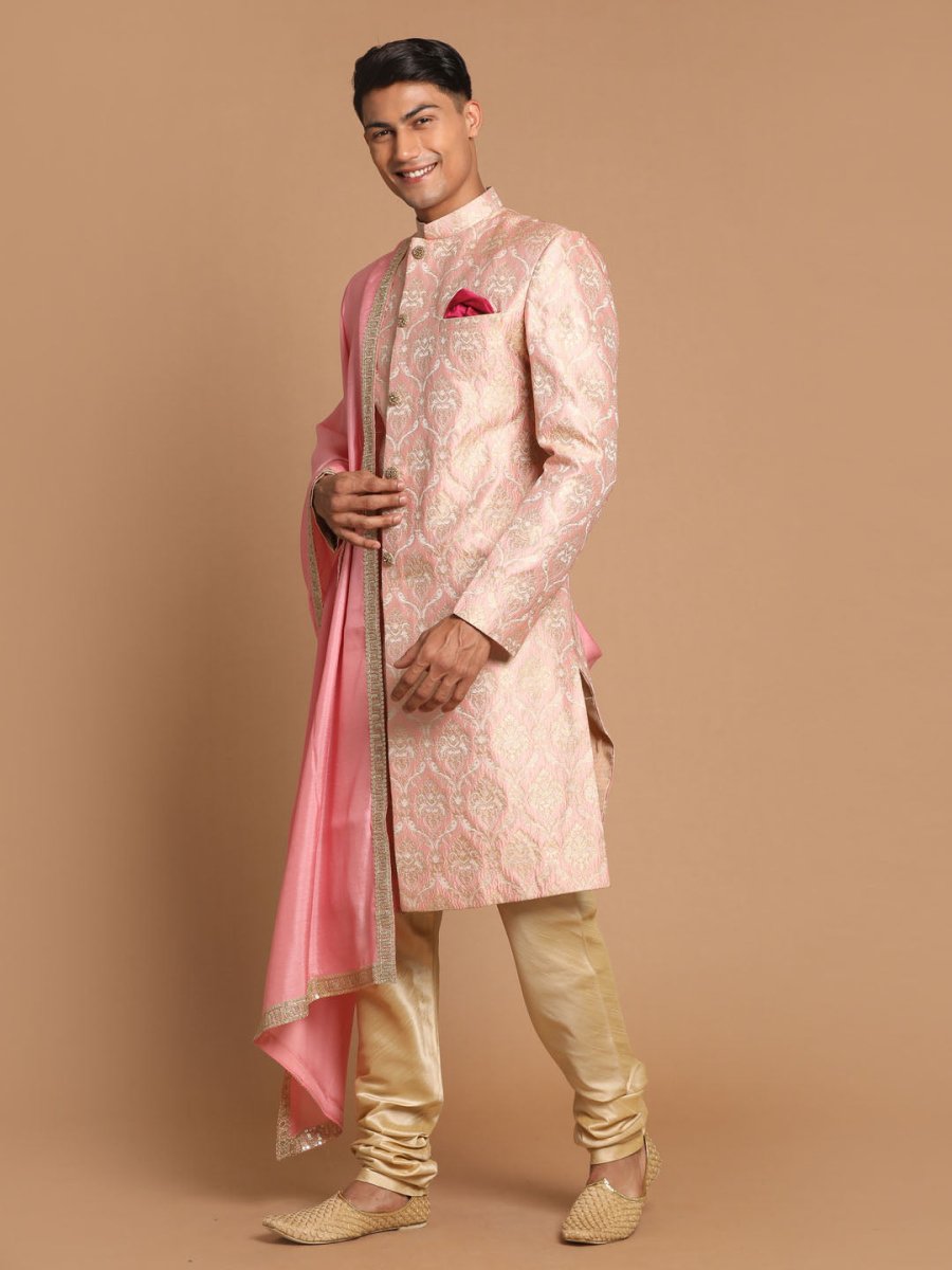 Men's Pink And Gold Silk Blend Sherwani Set With Pink Dupatta - House of Sarvati LLC