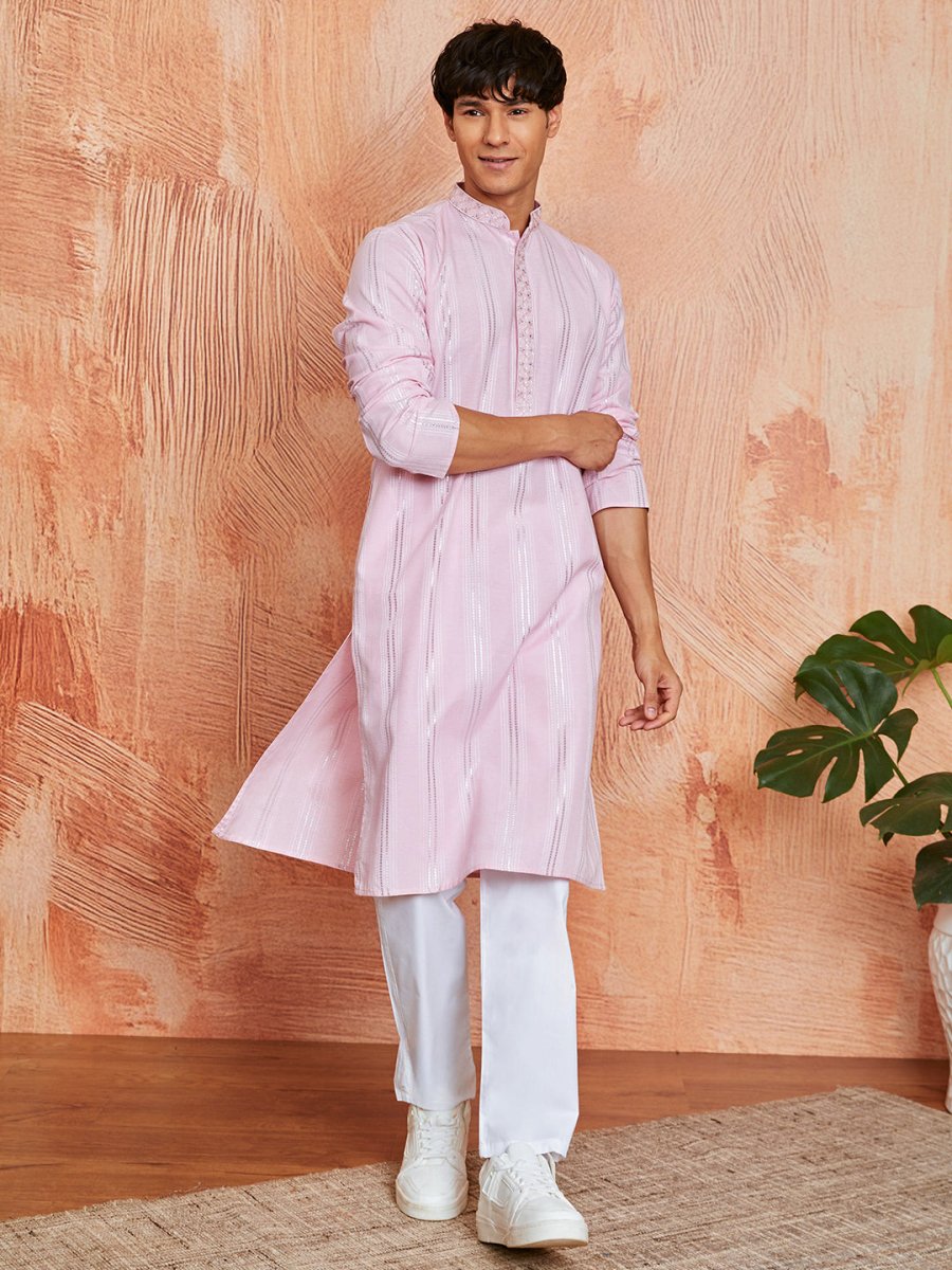 Men's Pink Silk Blend Kurta and Pyjama Set - House of Sarvati LLC