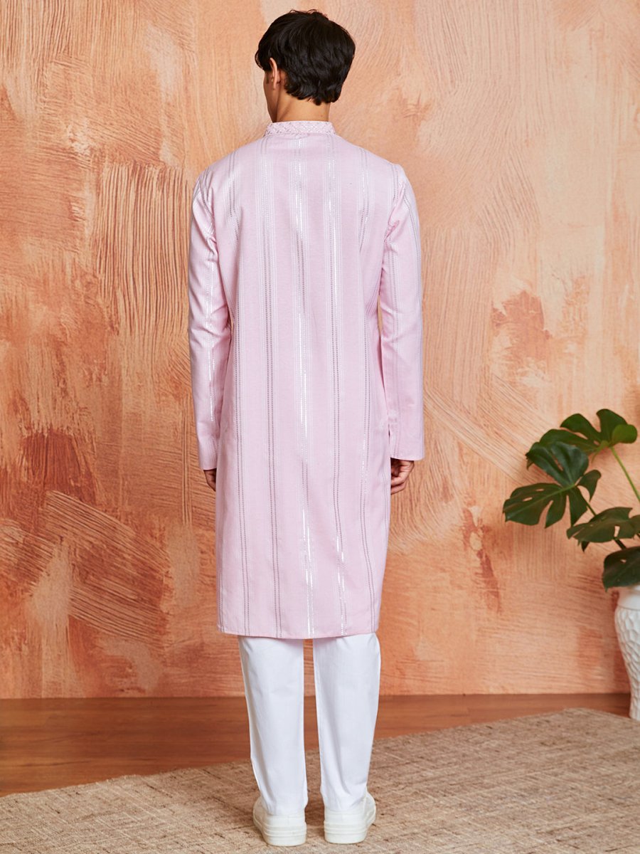 Men's Pink Silk Blend Kurta and Pyjama Set - House of Sarvati LLC