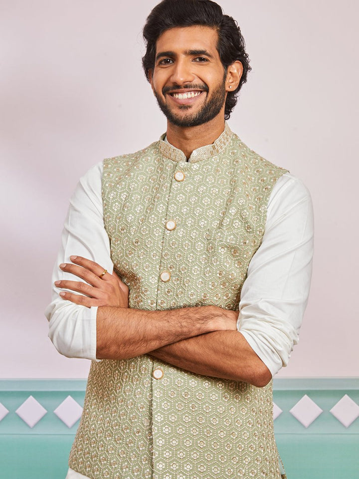 Men's Pista Green Fine Satin Nehru Jacket, Kurta And Pyjama Set. - House of Sarvati LLC