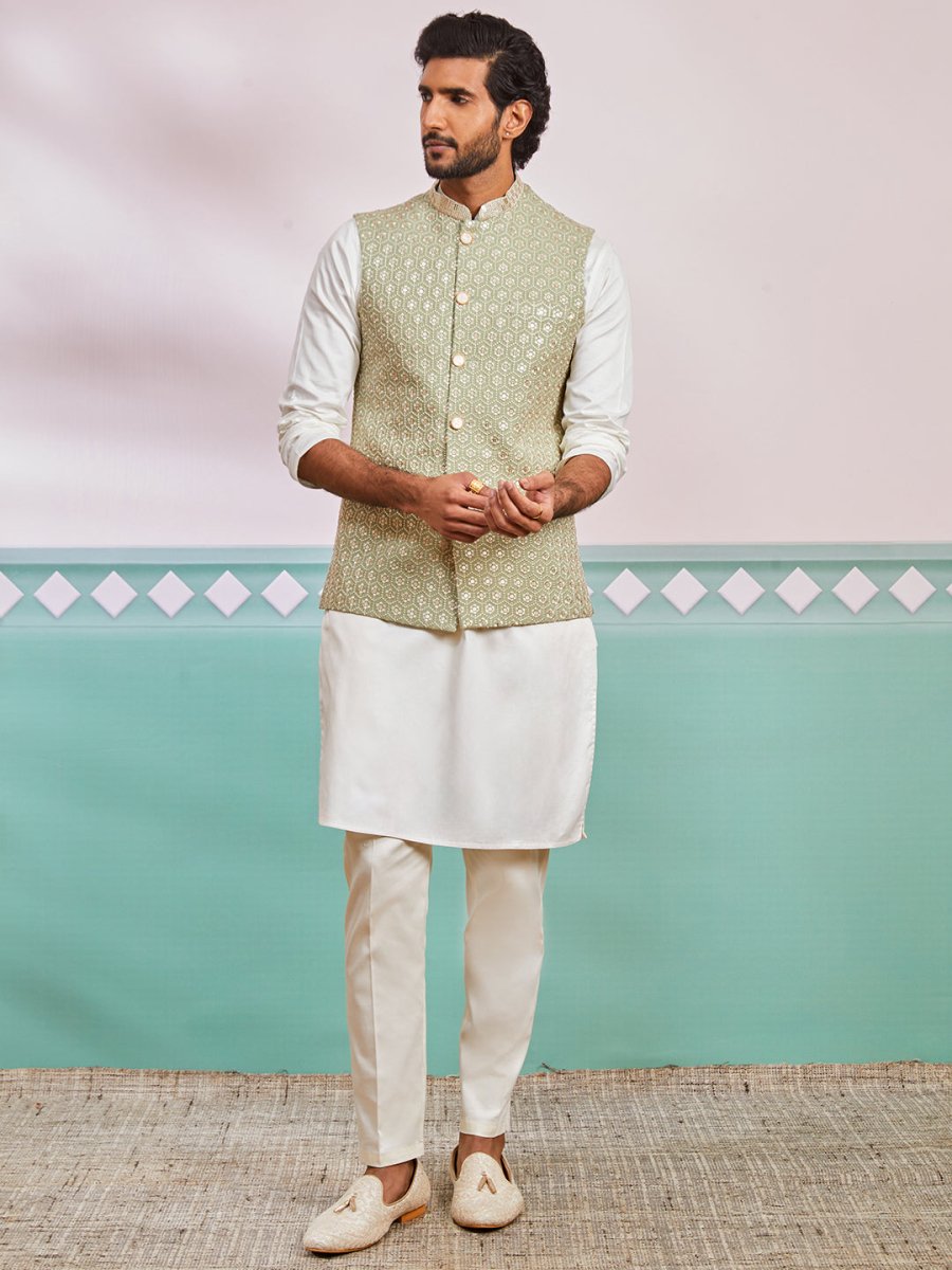 Men's Pista Green Fine Satin Nehru Jacket, Kurta And Pyjama Set. - House of Sarvati LLC