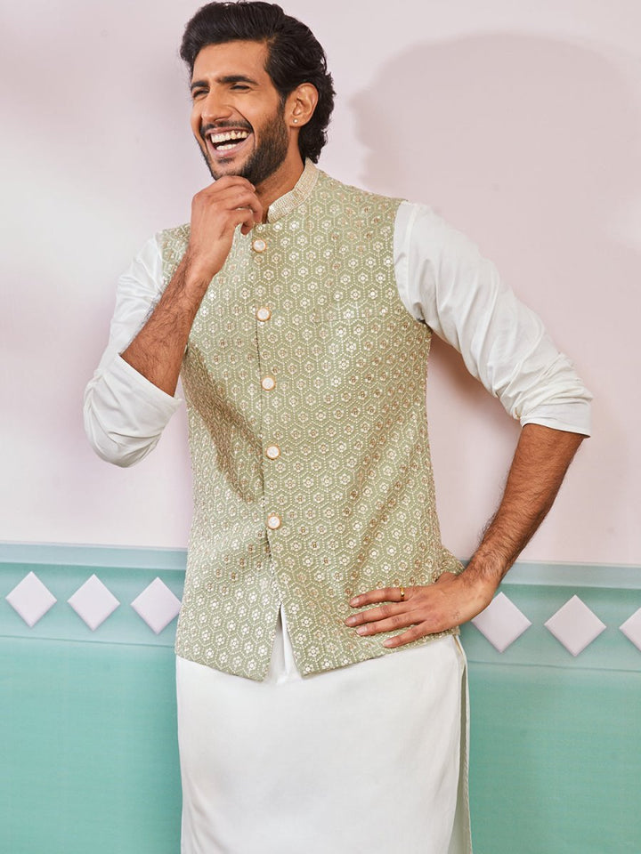 Men's Pista Green Fine Satin Nehru Jacket, Kurta And Pyjama Set. - House of Sarvati LLC