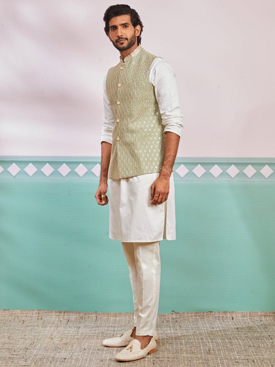 Men's Pista Green Fine Satin Nehru Jacket, Kurta And Pyjama Set. - House of Sarvati LLC