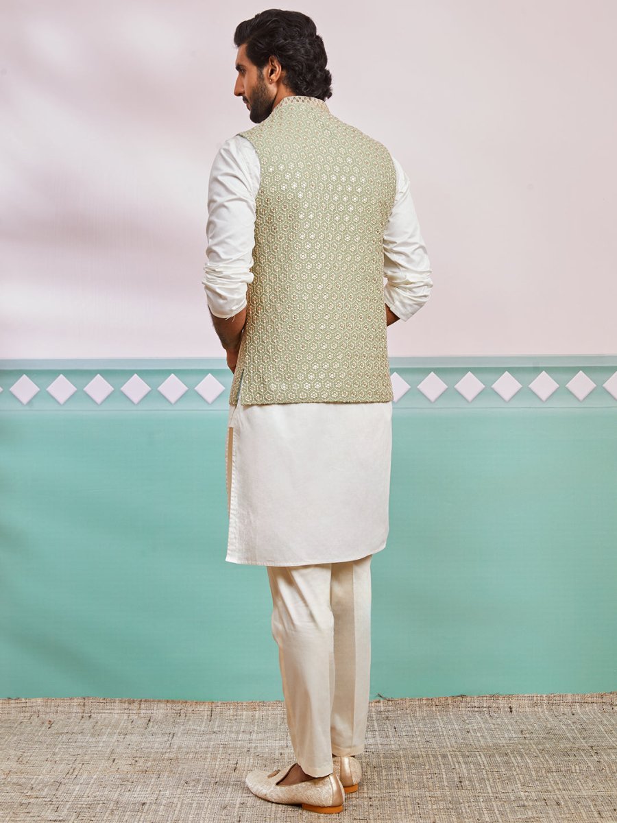 Men's Pista Green Fine Satin Nehru Jacket, Kurta And Pyjama Set. - House of Sarvati LLC