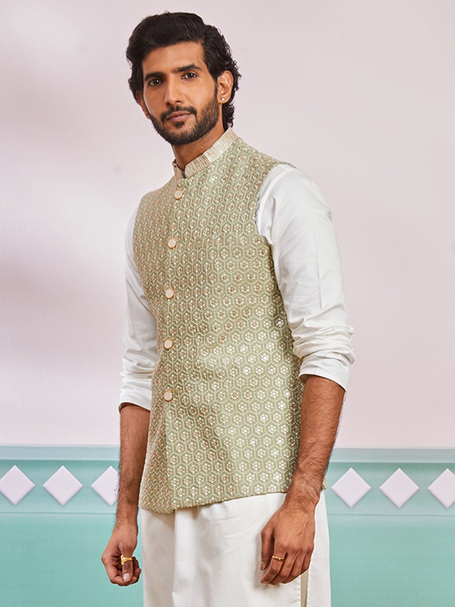 Men's Pista Green Nehru Jacket - House of Sarvati LLC