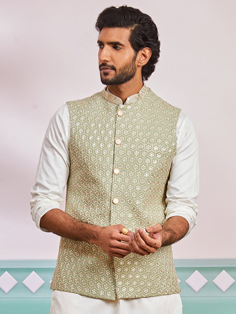 Men's Pista Green Nehru Jacket - House of Sarvati LLC