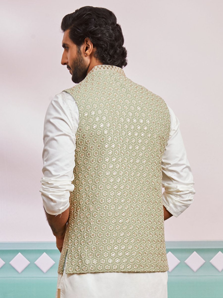 Men's Pista Green Nehru Jacket - House of Sarvati LLC
