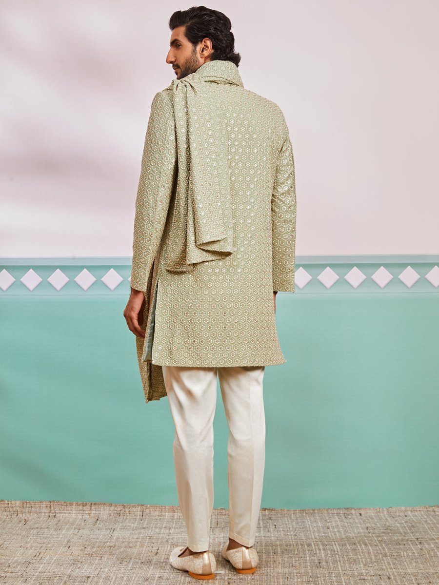 Men's Pista Green Rayon Sherwani & Pyjama Set - House of Sarvati LLC
