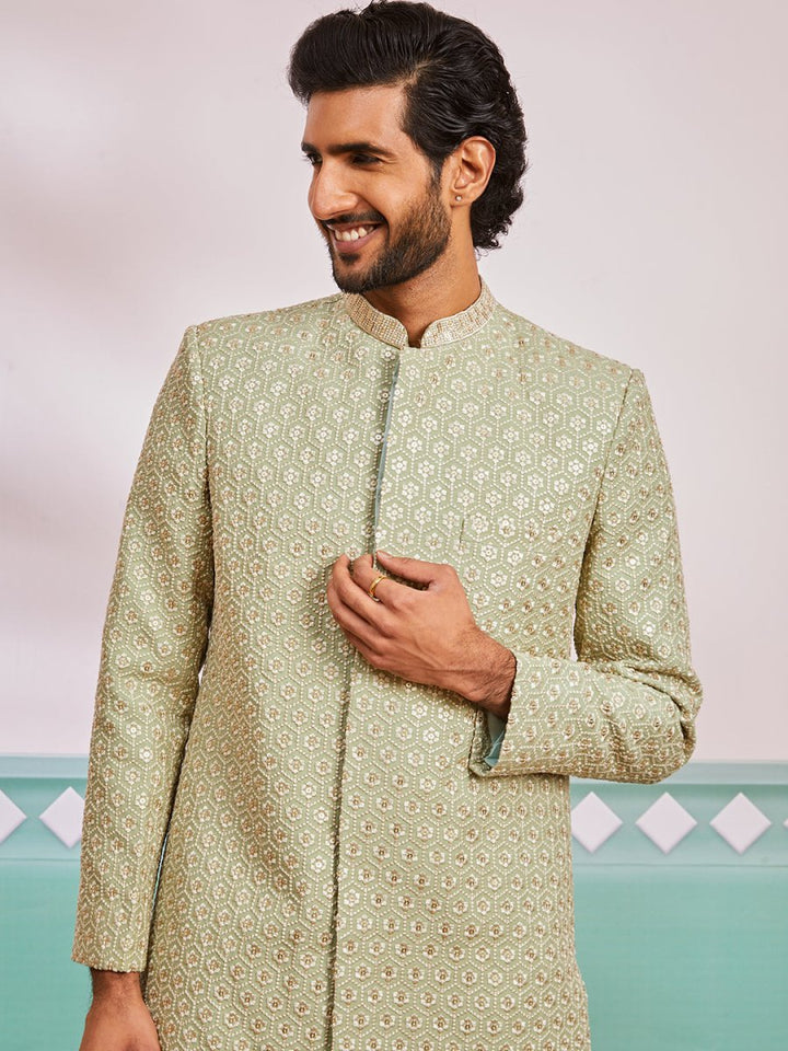 Men's Pista Green Rayon Sherwani & Pyjama Set - House of Sarvati LLC