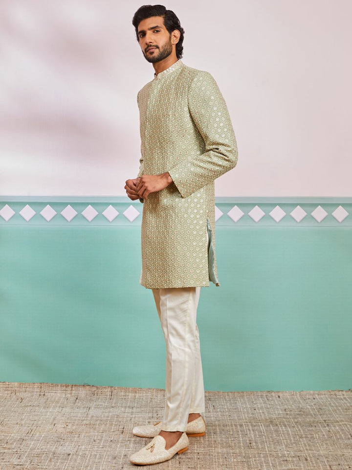 Men's Pista Green Rayon Sherwani & Pyjama Set - House of Sarvati LLC