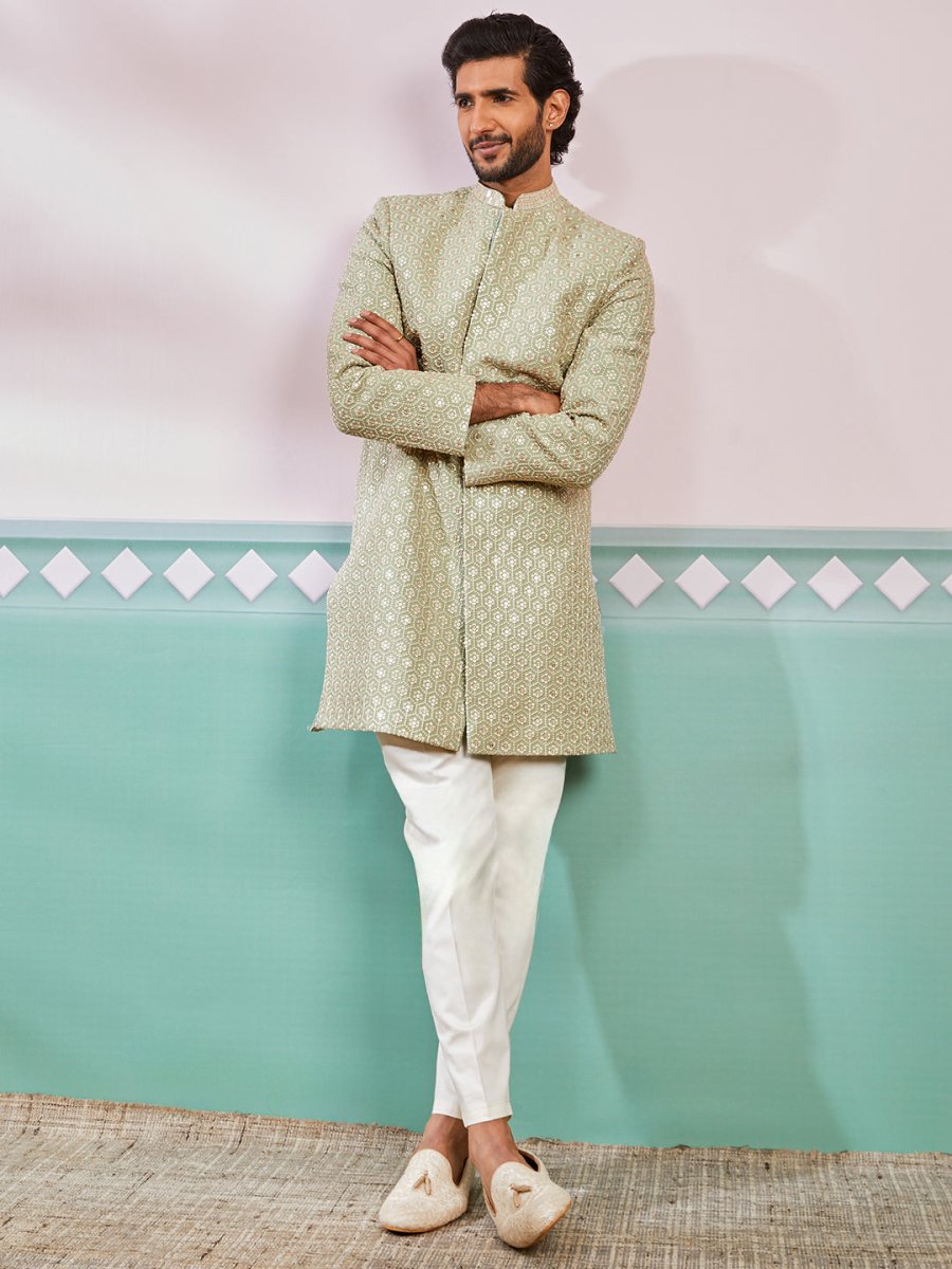 Men's Pista Green Rayon Sherwani & Pyjama Set - House of Sarvati LLC