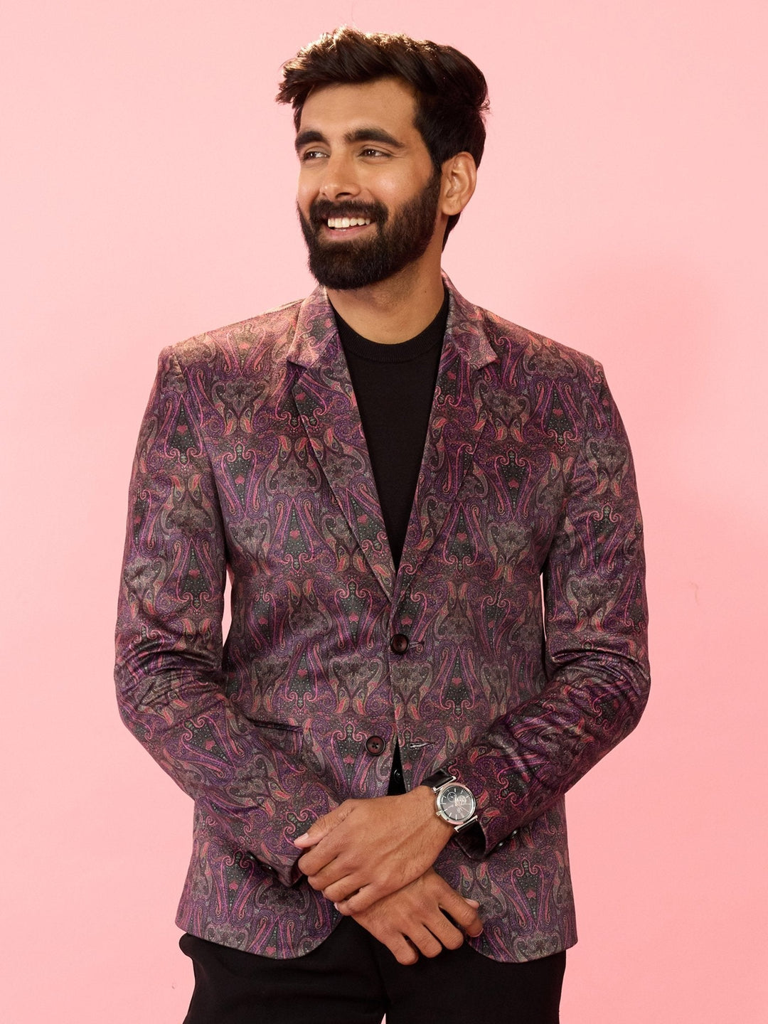 Men's Purple Velvet Paisley Digital Print Notch Collar Wedding Blazer - view 4