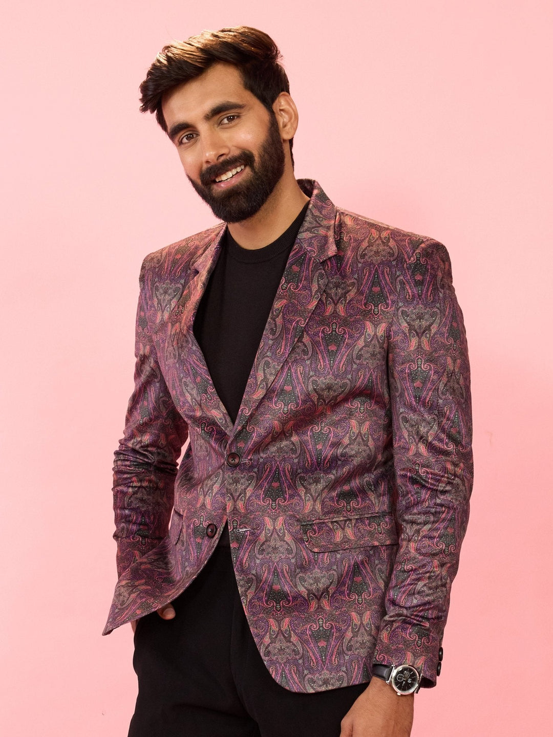 Men's Purple Velvet Paisley Digital Print Notch Collar Wedding Blazer - view 3
