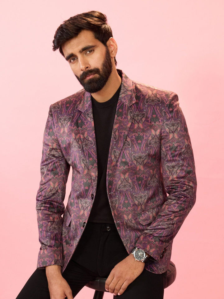 Men's Purple Velvet Paisley Digital Print Notch Collar Wedding Blazer