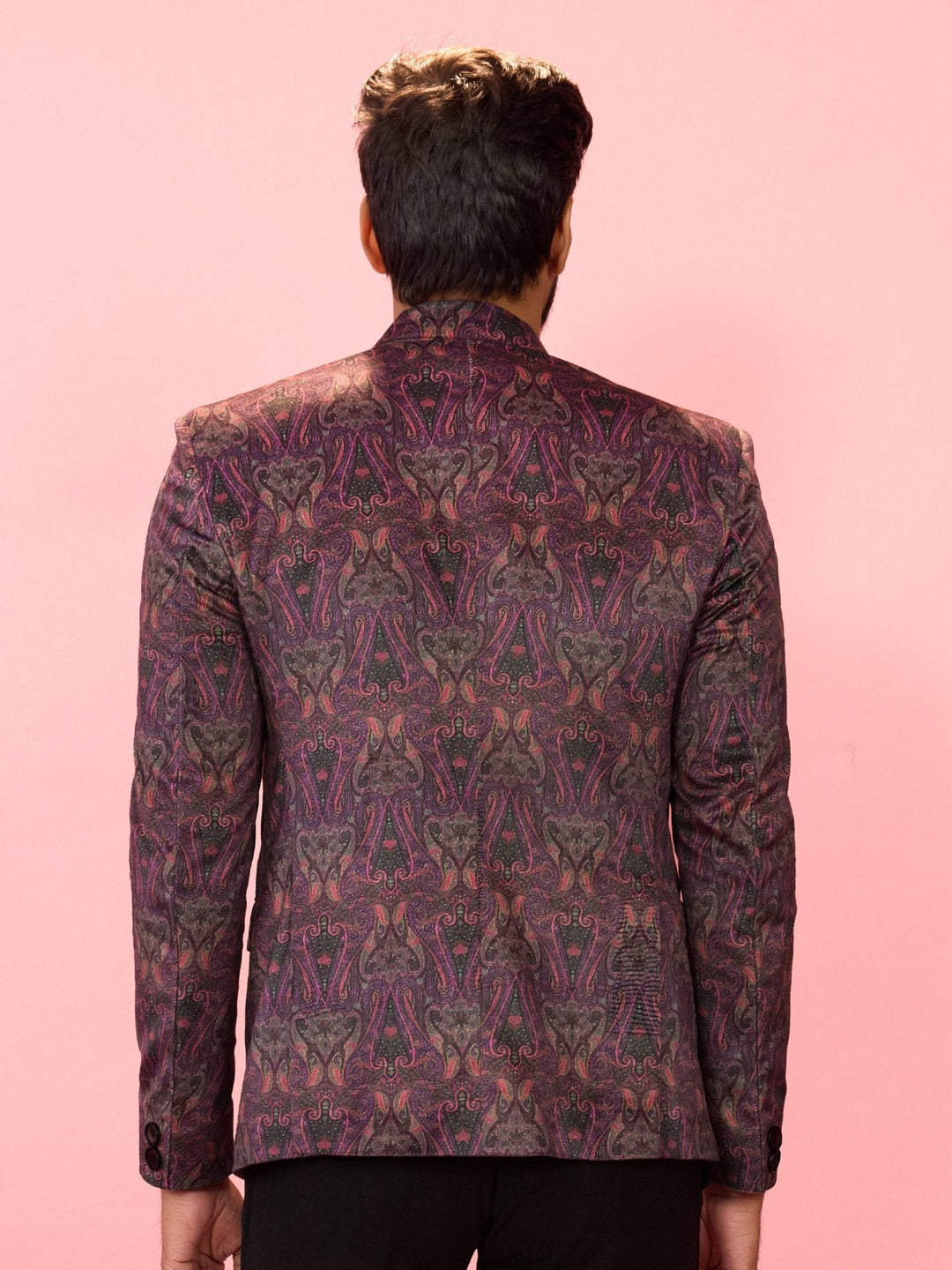 Men's Purple Velvet Paisley Digital Print Notch Collar Wedding Blazer - view 5