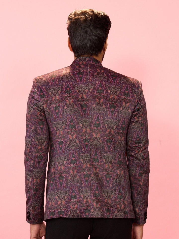 Men's Purple Velvet Paisley Digital Print Notch Collar Wedding Blazer - view 5