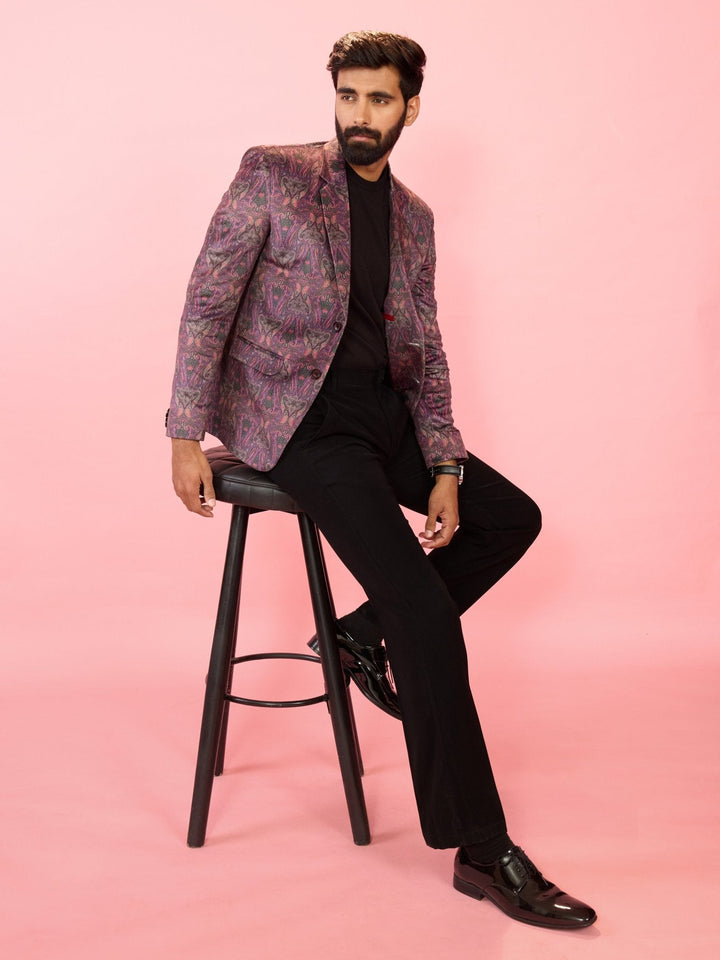 Men's Purple Velvet Paisley Digital Print Notch Collar Wedding Blazer - view 6