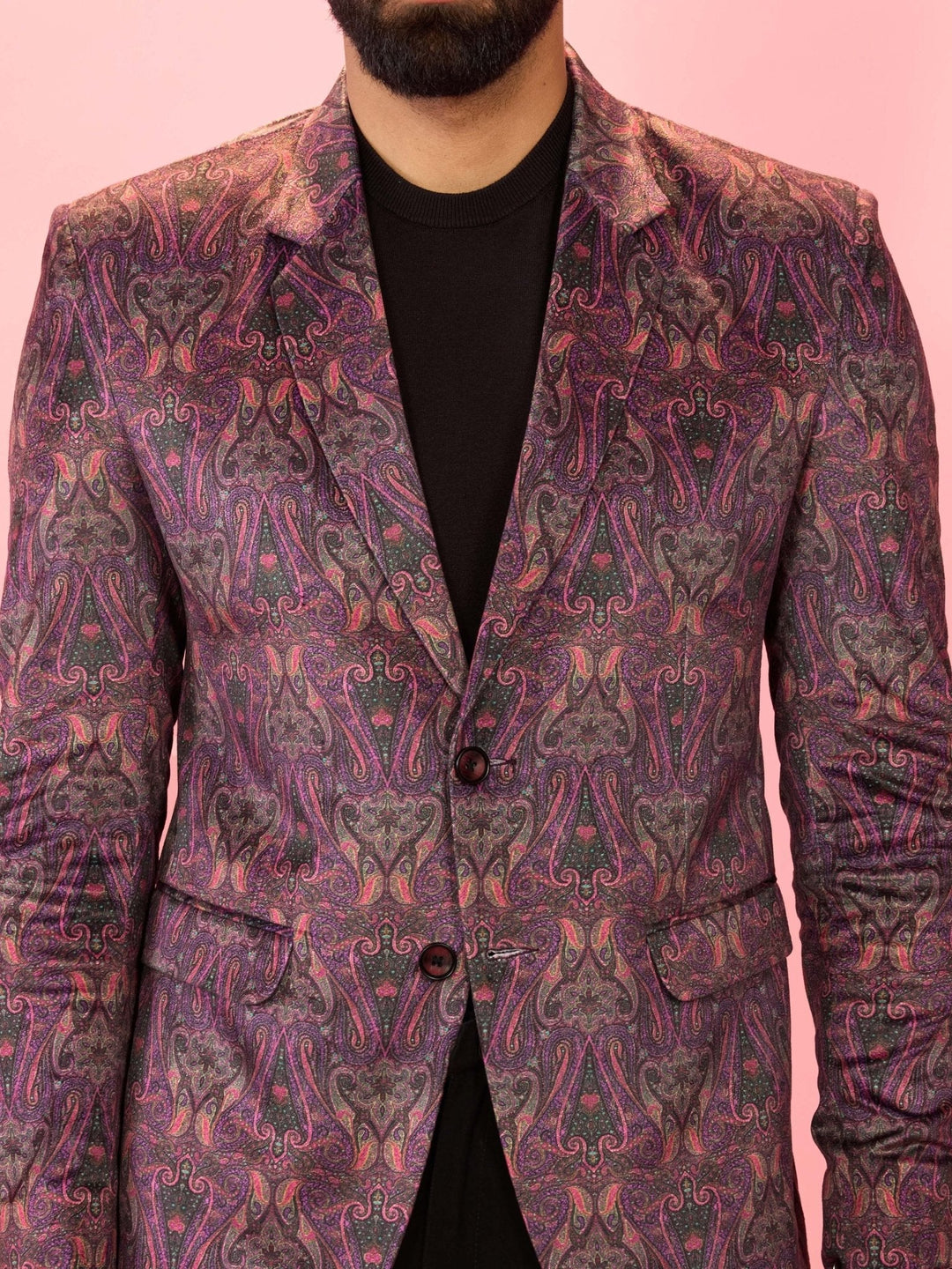 Men's Purple Velvet Paisley Digital Print Notch Collar Wedding Blazer - view 2
