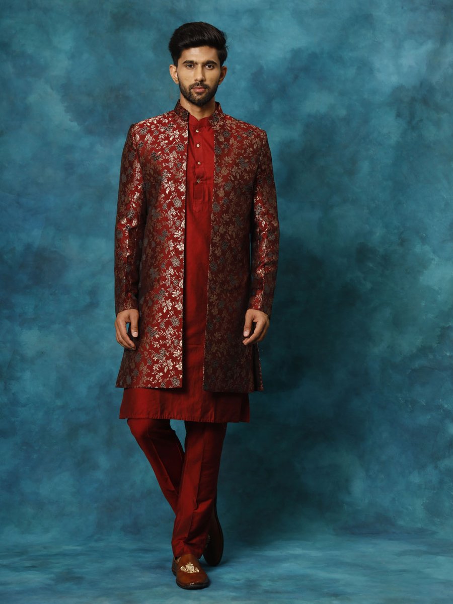 Men's Red Jacquard Sherwani With Maroon Viscose Kurta Pant Set - House of Sarvati LLC