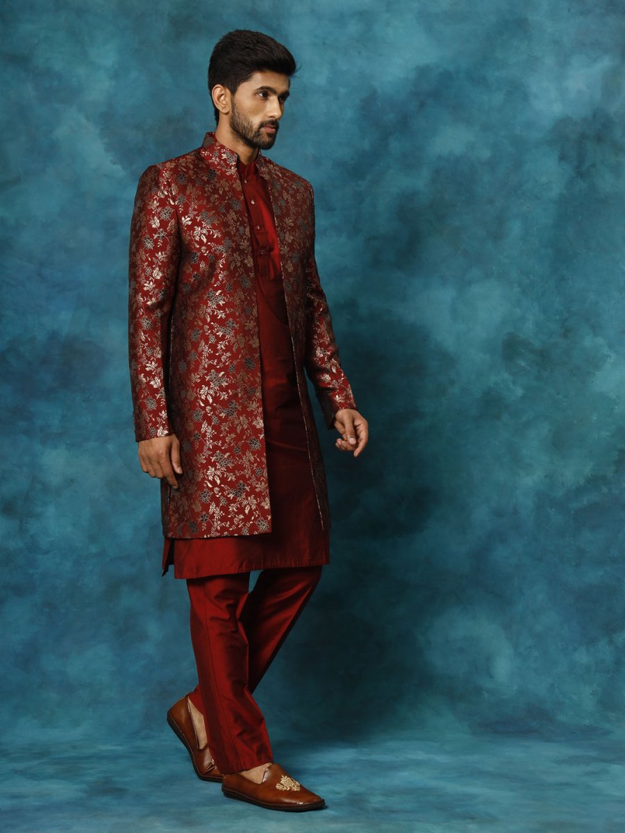 Men's Red Jacquard Sherwani With Maroon Viscose Kurta Pant Set - House of Sarvati LLC