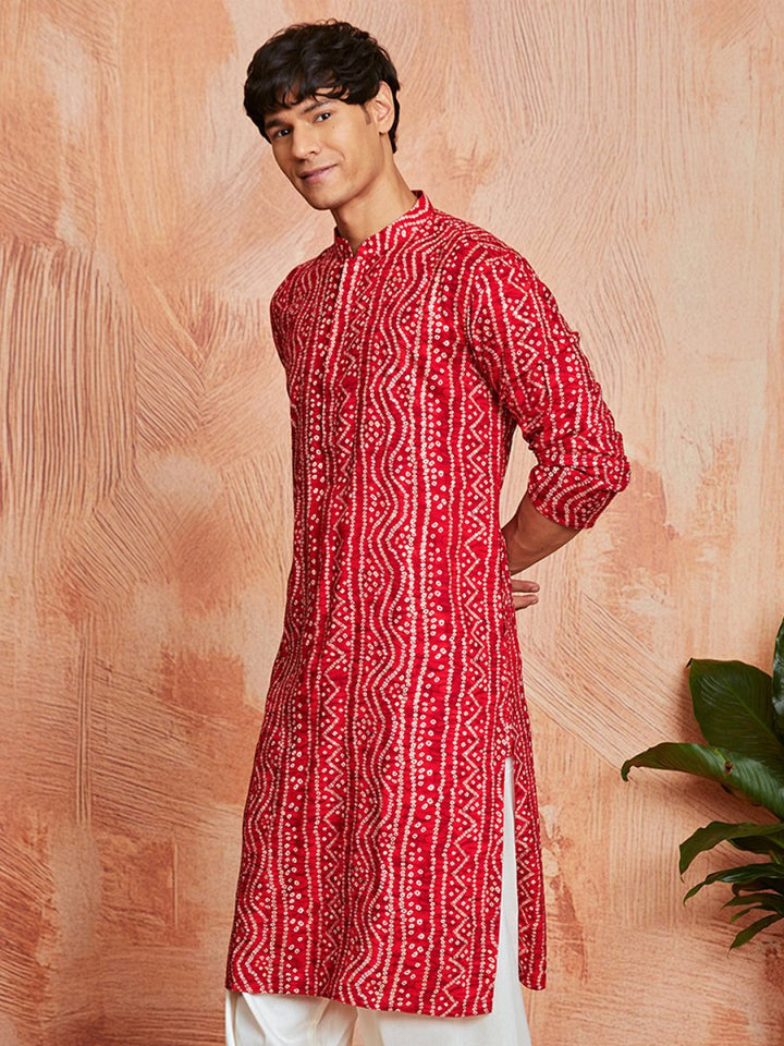 Men's Red Rayon Kurta with Intricate Bandhani Print - House of Sarvati LLC