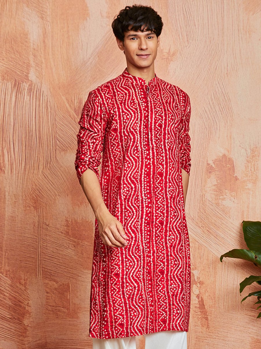 Men's Red Rayon Kurta with Intricate Bandhani Print - House of Sarvati LLC