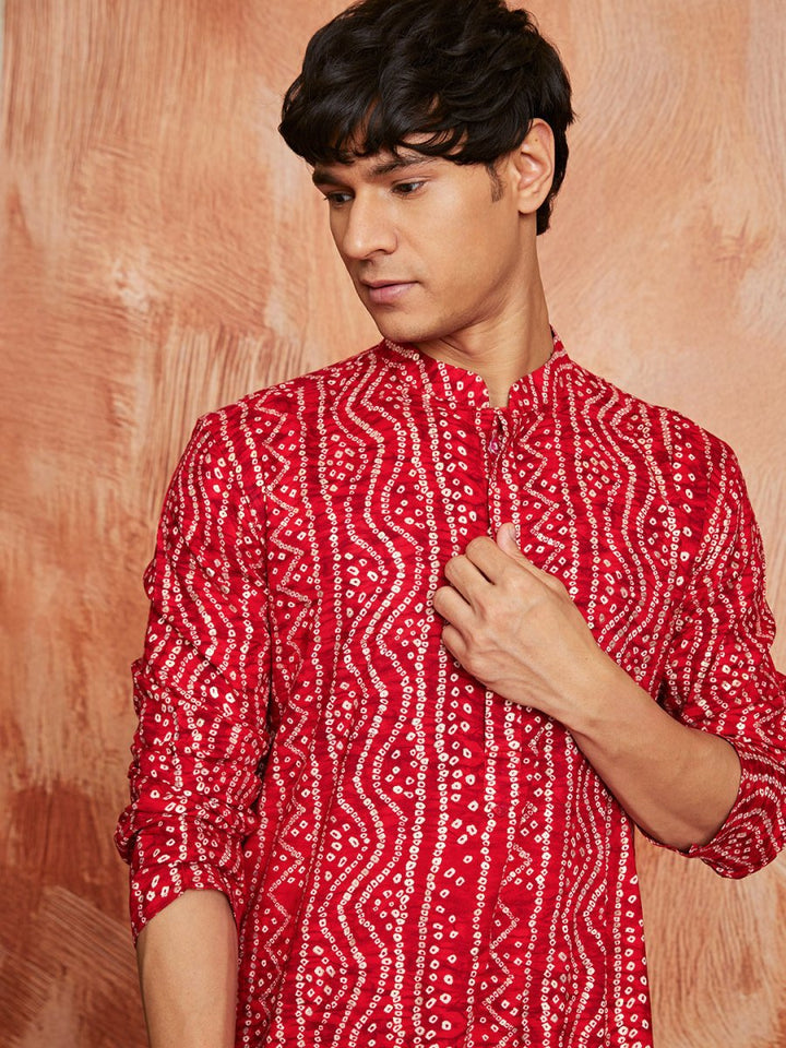 Men's Red Rayon Kurta with Intricate Bandhani Print - House of Sarvati LLC