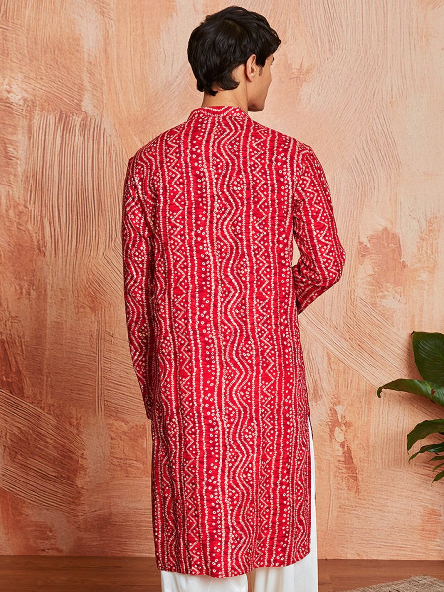 Men's Red Rayon Kurta with Intricate Bandhani Print - House of Sarvati LLC