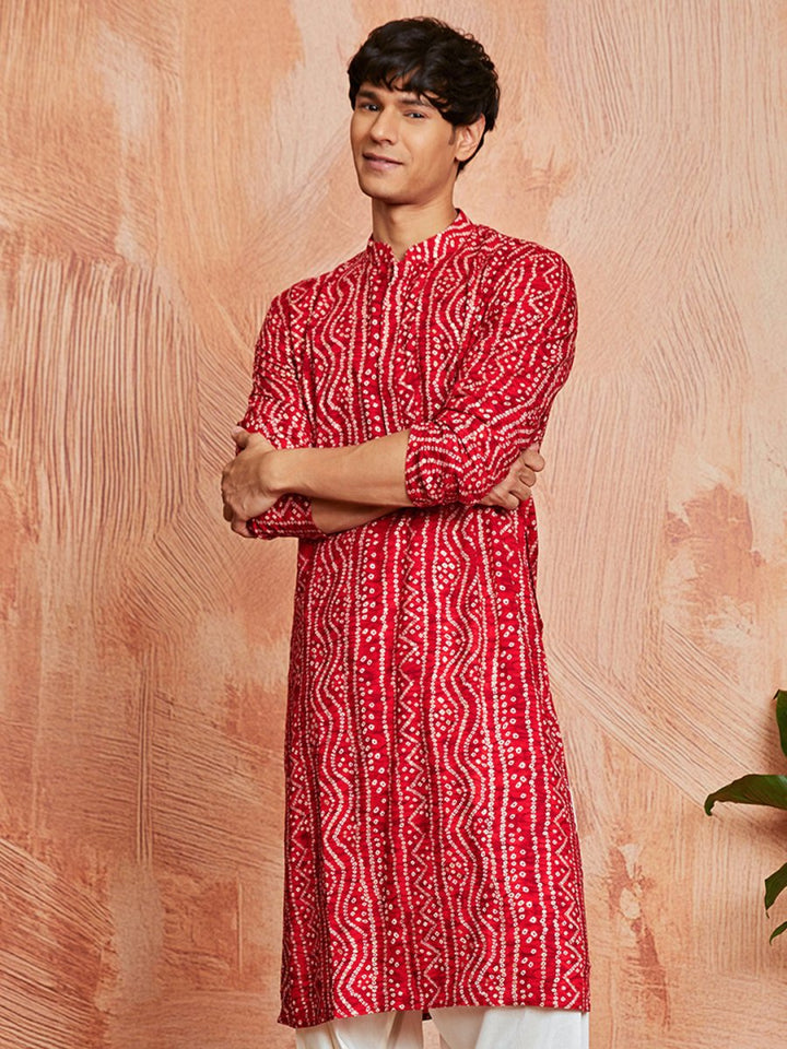 Men's Red Rayon Kurta with Intricate Bandhani Print - House of Sarvati LLC