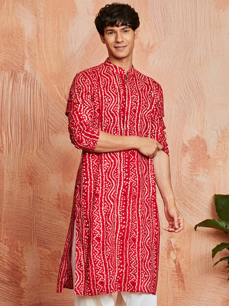 Men's Red Rayon Kurta with Intricate Bandhani Print - House of Sarvati LLC