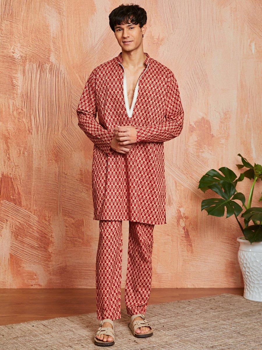 Men's Rust Cotton Kurta and Pyjama Set - House of Sarvati LLC