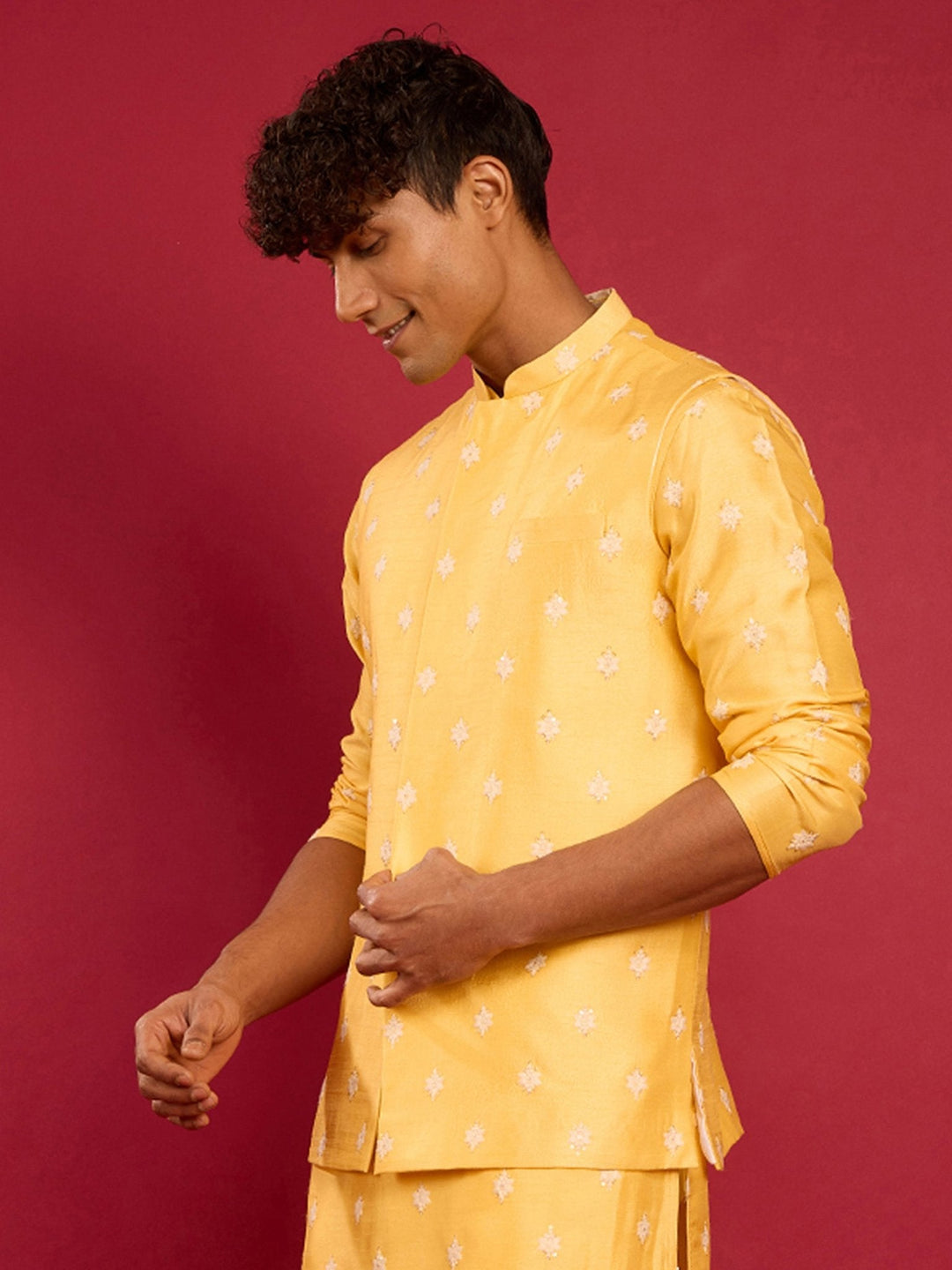 Men's Yellow Silk Blend Nehru Jacket - view 4