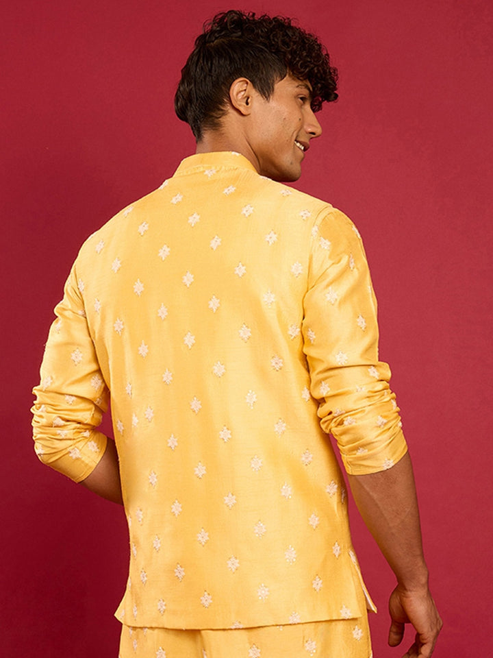 Men's Yellow Silk Blend Nehru Jacket - view 5
