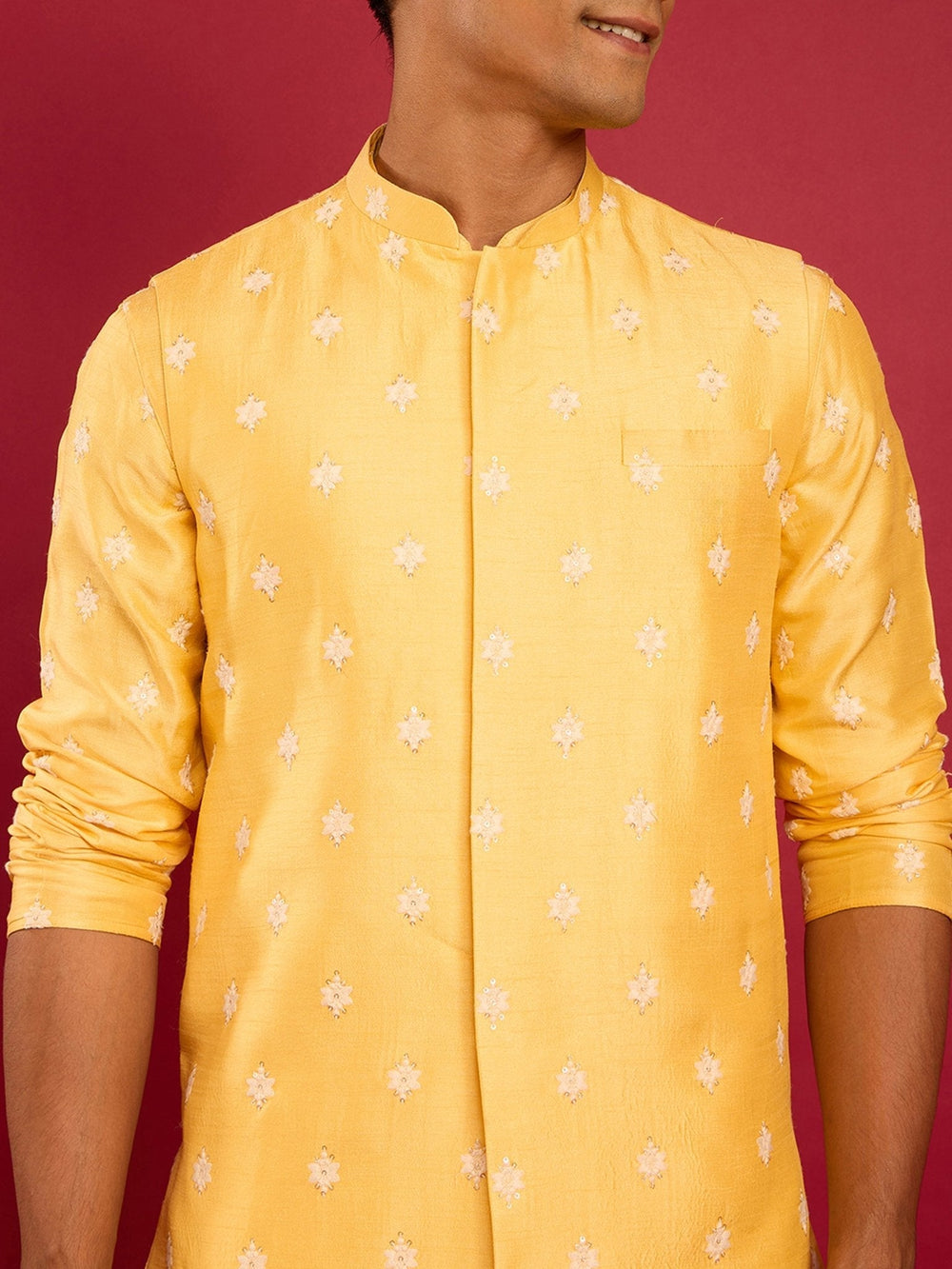 Men's Yellow Silk Blend Nehru Jacket - view 2